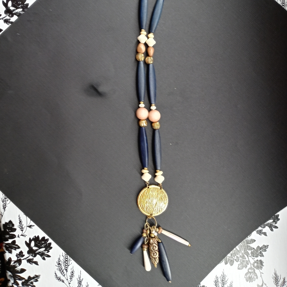 Boho Vintage Costume necklace in blue and gold.